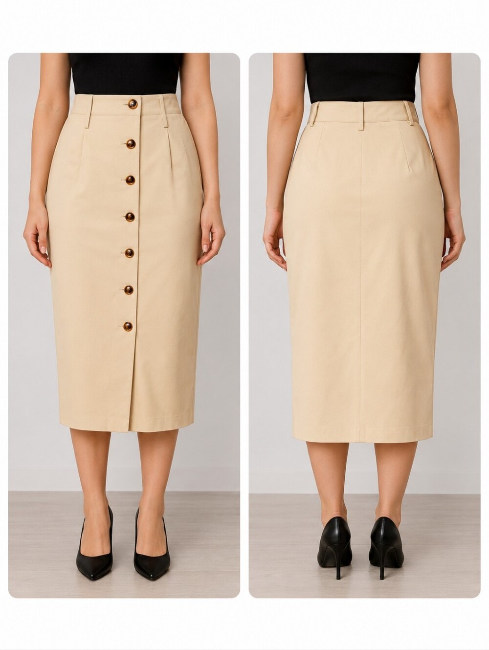 🍋White House Black Market White with Gold Button-Front Pencil Skirt  | Size 6